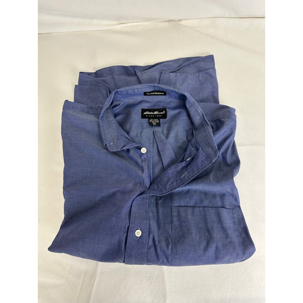 Vtg Eddie Bauer Mens XXL Tall Blue Button-Down Shirt wrinkle resistant cotton